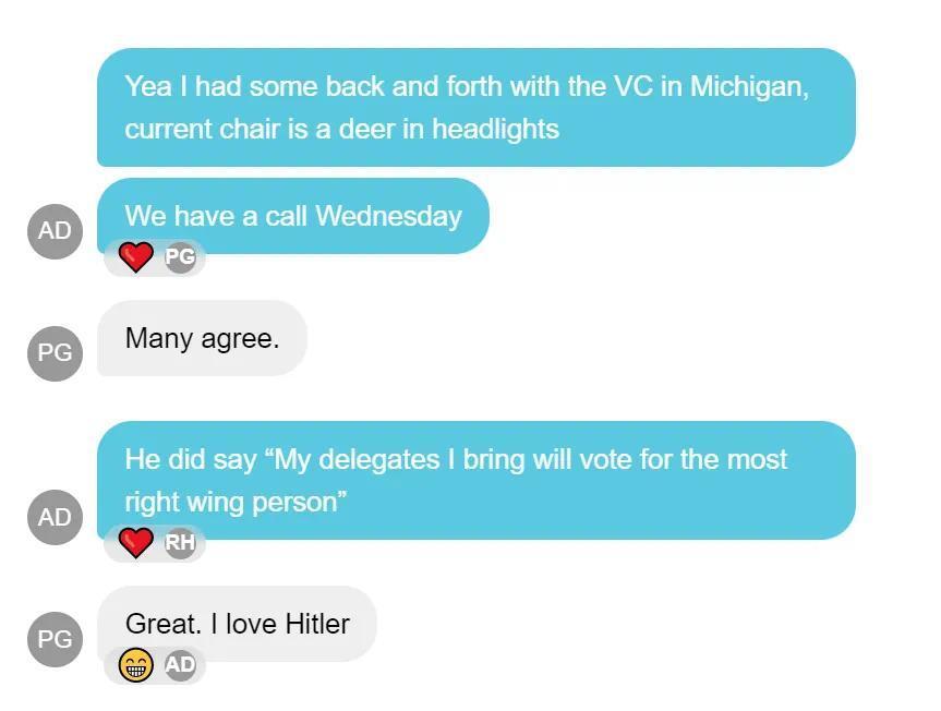 ▎一位青年共和黨人在群聊里發言稱:“太棒了,我愛希特勒。”(圖源:Politico)