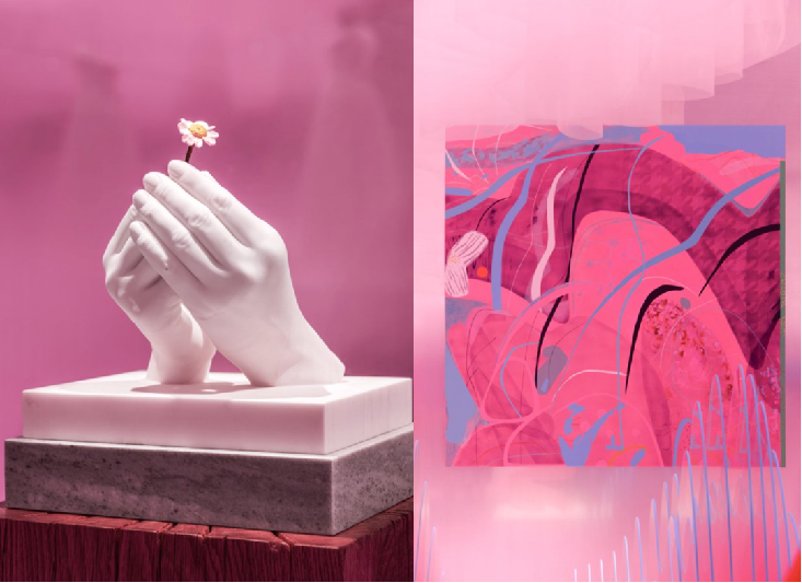 左:艾敬,中国《花的力量#1》汉白玉大理石,2024年。@MENGZHI 右:周力,中国《桃花源-迪奥小姐》综合材料,2023年。@MENGZHI