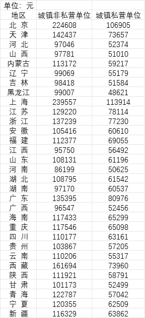 2024年31省份城镇非私营单位、城镇私营单位就业人员平均工资　（来源：《中国统计年鉴2025》）