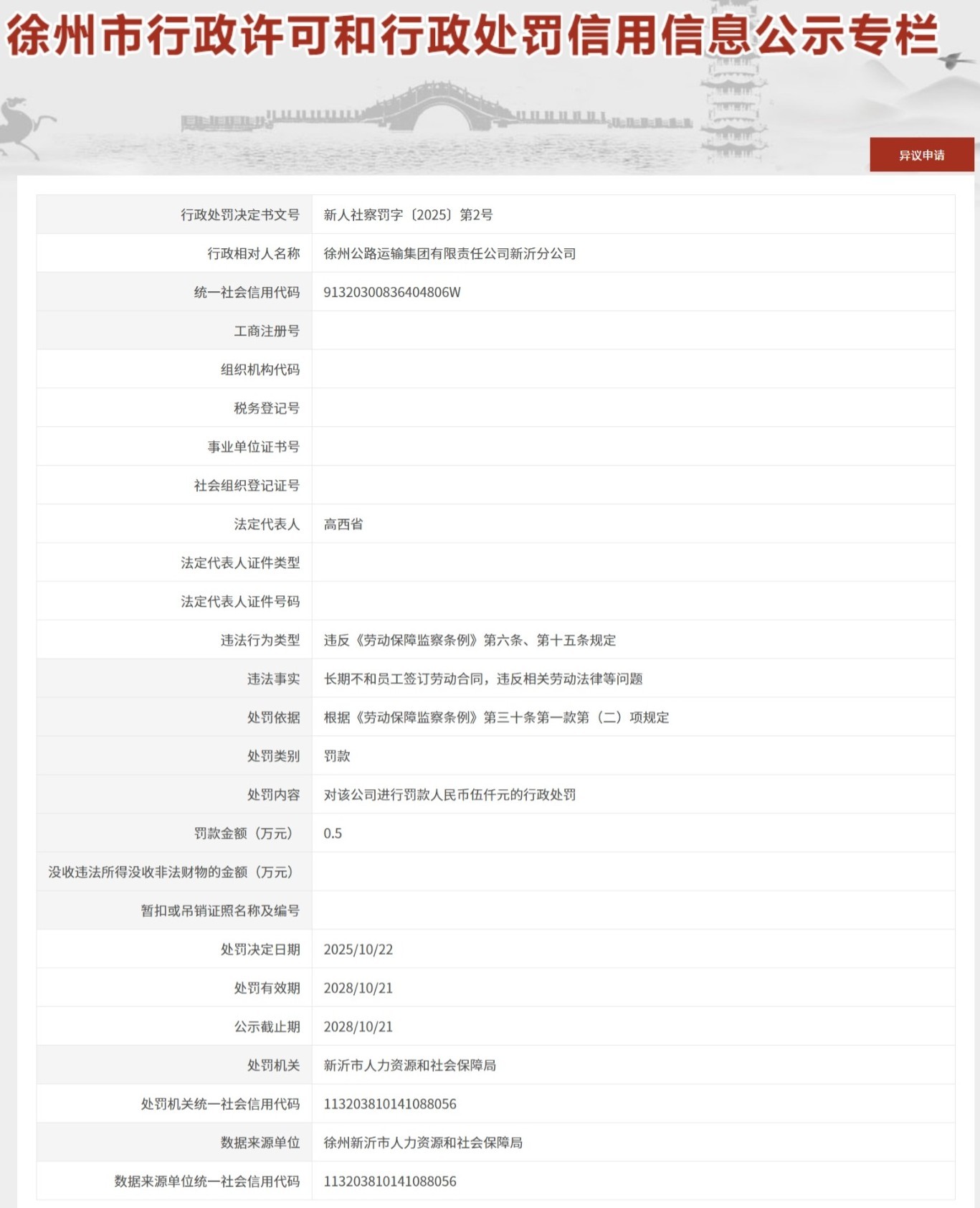 徐州公路运输集团有限责任公司新沂分公司因长期未签劳动合同遭罚