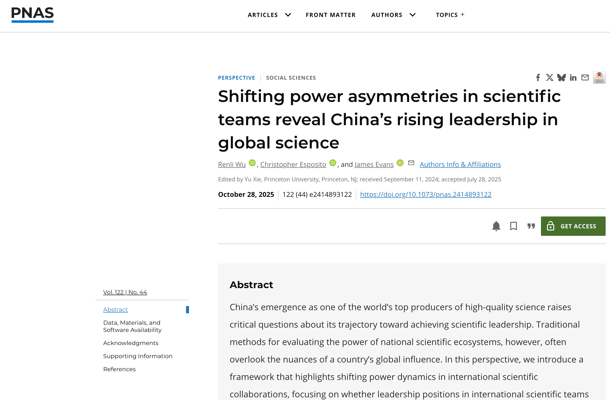 研究称中国科学家论文领导力上升