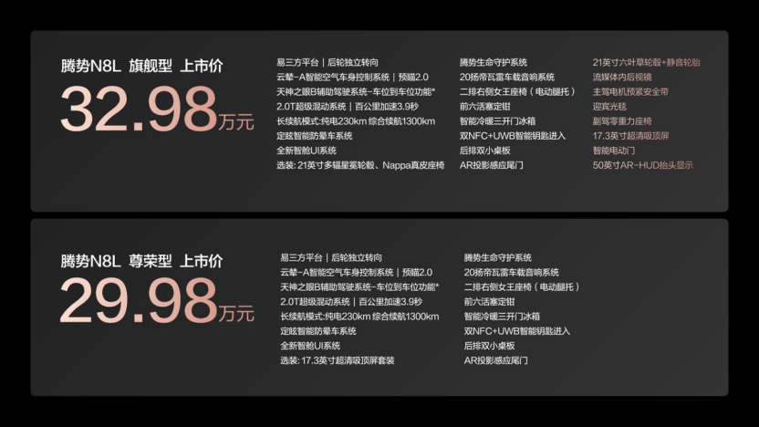 大六座安全豪华SUV腾势N8L正式上市 29.98万元起