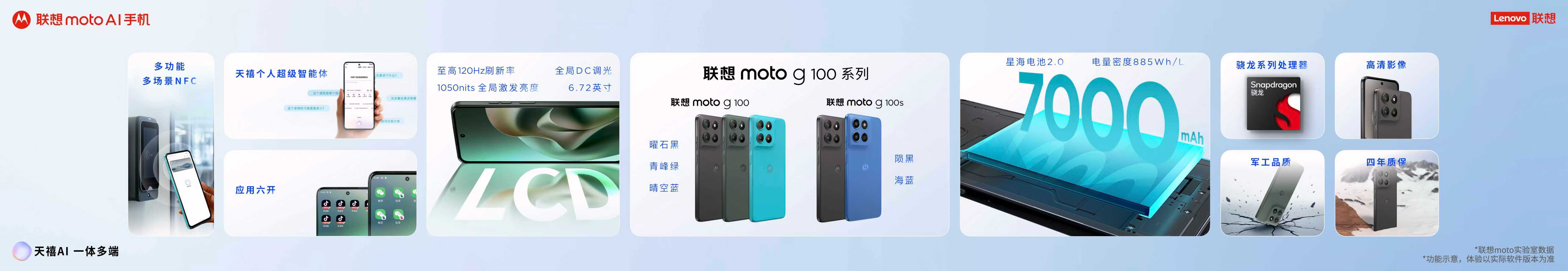 联想moto g100系列AI手机发布:搭载7000mAh电池,999元起