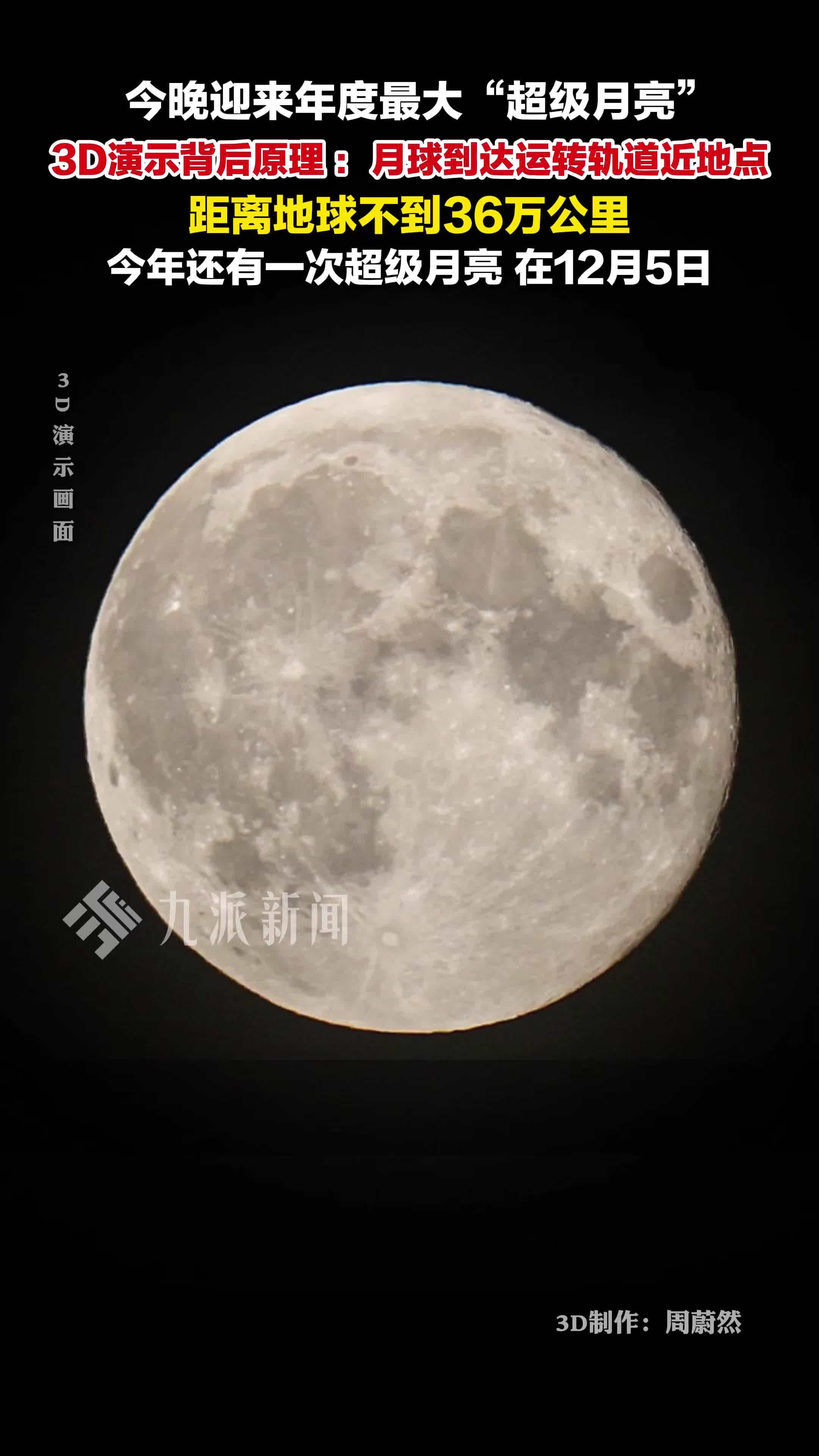 3D演示超级月亮背后原理：月球到达运转轨道近地点，距离地球不到36万公里