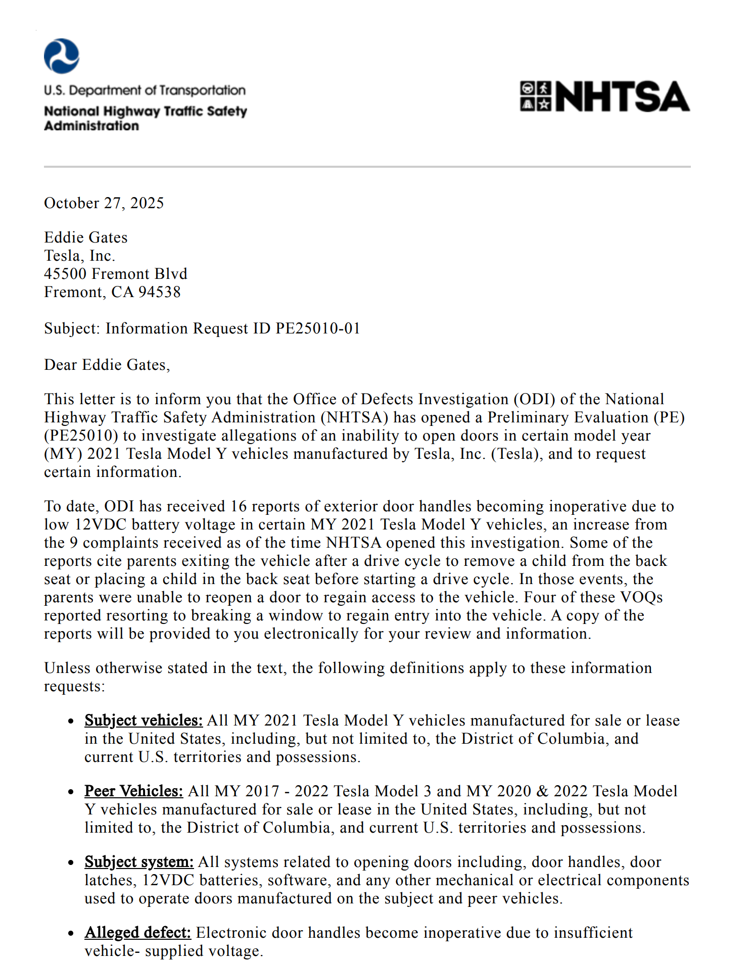NHTSA致信特斯拉