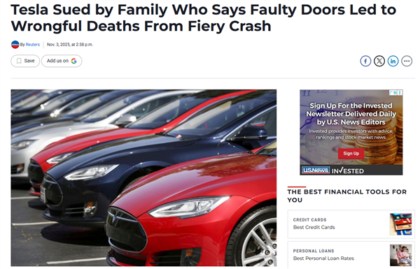 特斯拉遭诉讼：Model S事故后起火 车门无法打开致5人死亡