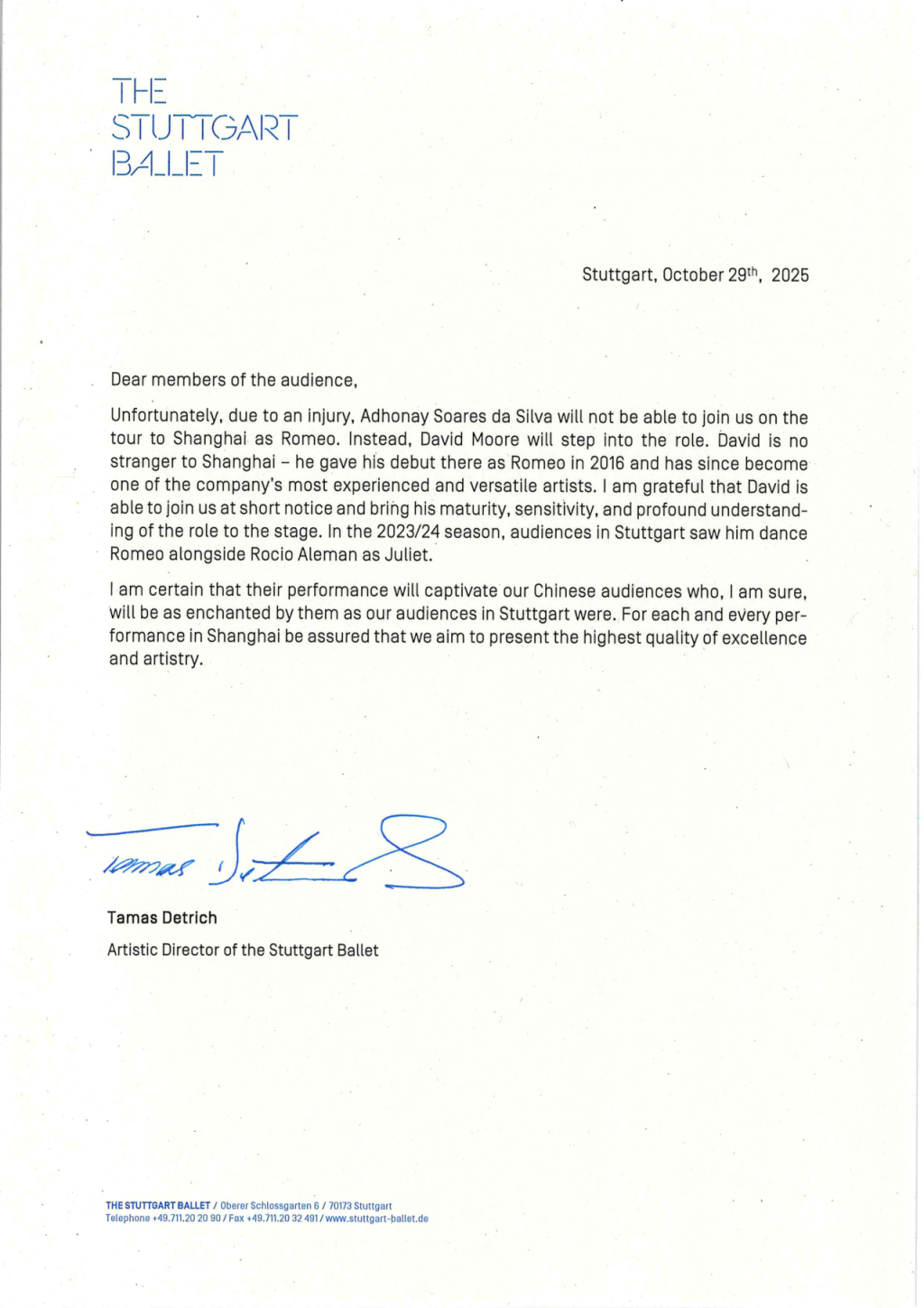 演出前的演员更换公告