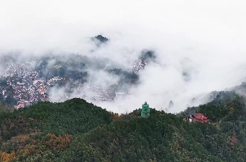 安徽池州九华山：雨润深秋山居幻雾中