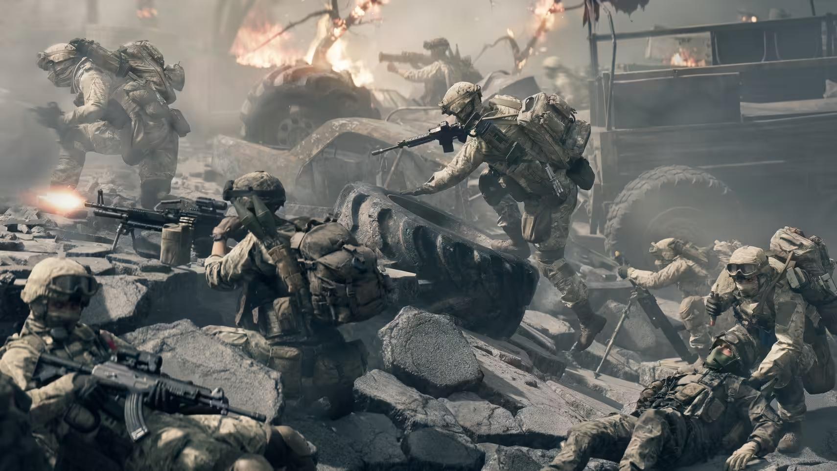 Official Battlefield 6 image showing several soldiers climbing over rubble