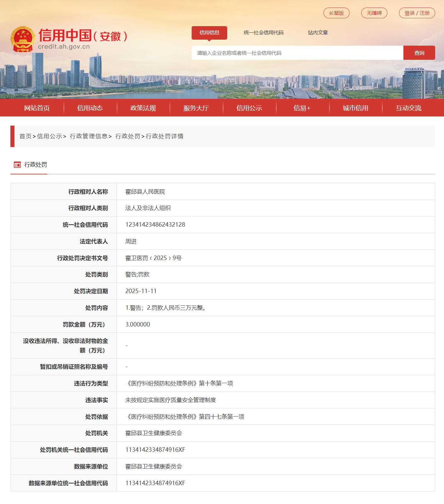 安徽霍邱县人民医院被警告罚款,今年7月组建成立
