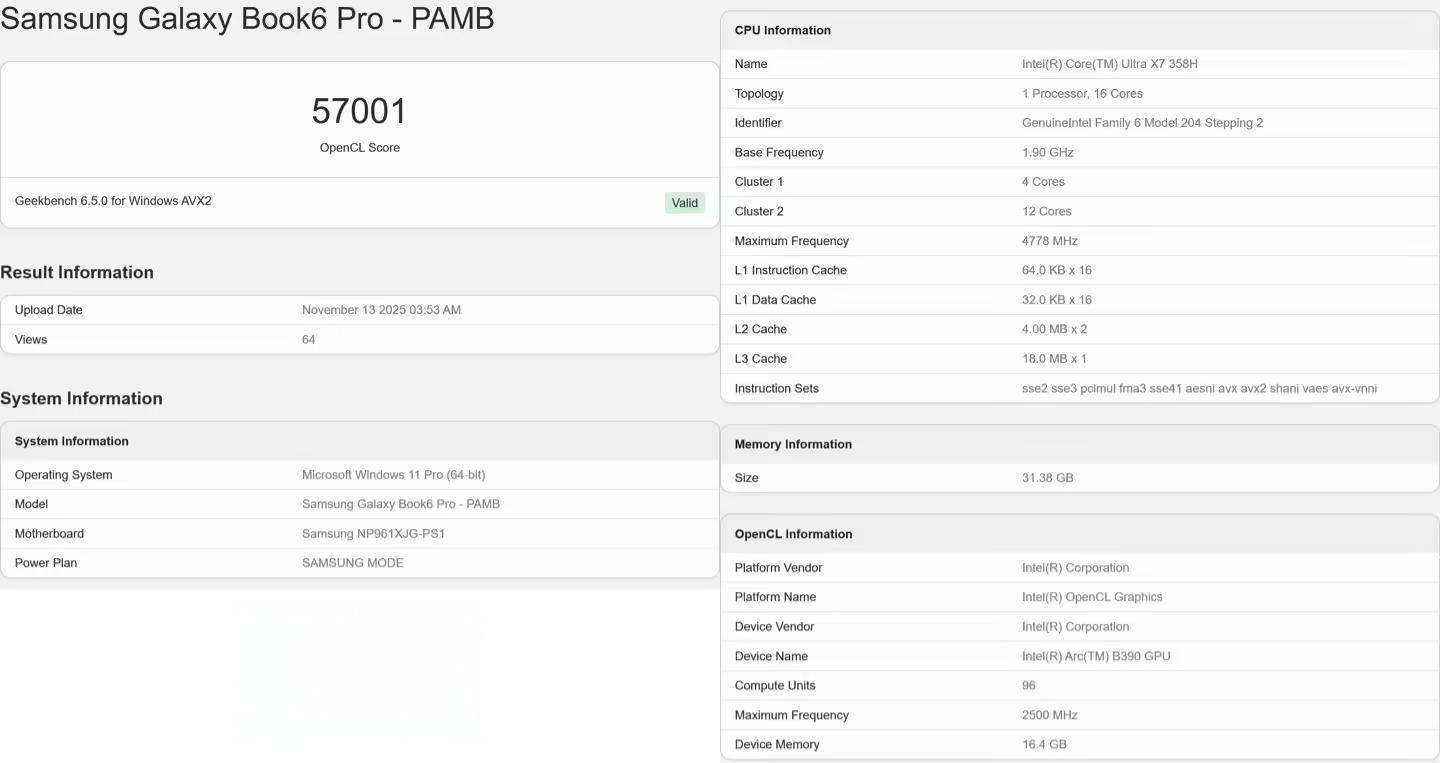 三星Galaxy Book6 Pro成绩又现,确认X7 358H搭载B390核显