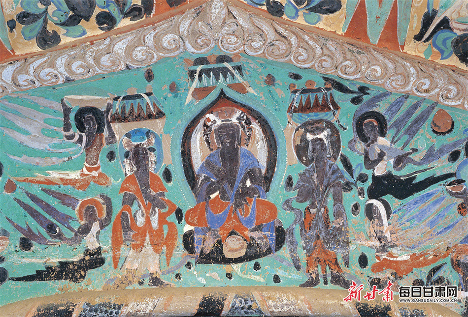 西千佛洞第7窟　中心柱东向面龛楣　交脚弥勒菩萨说法图　西魏（敦煌研究院供图）