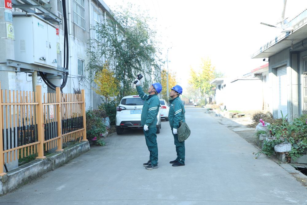 国网临沭县供电公司工作人员在临沭县郑山街道曹宅子村对供电线路设备进行巡视测温。（受访单位供图）