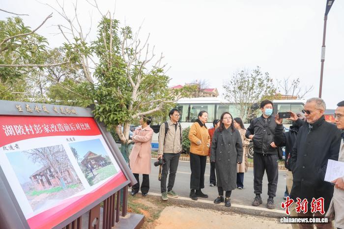 图为中外嘉宾在浏览湖陂村一栋旧房改造前后的示意图。中新社记者 刘力鑫 摄