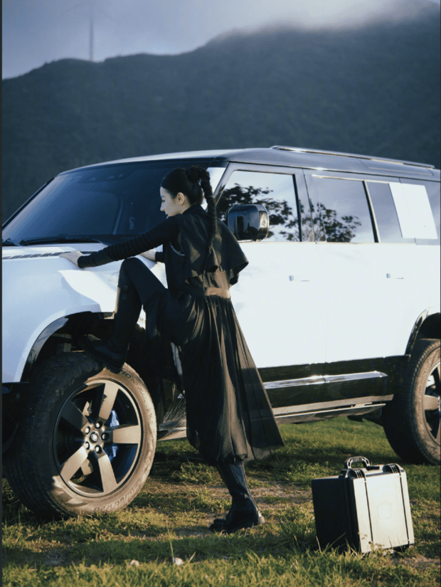 迪丽热巴在车旁俏皮拍照。