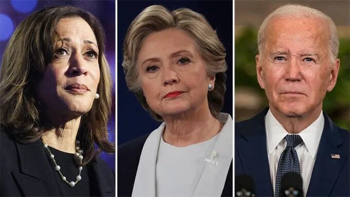 (L-R): Kamala Harris, Hillary Clinton, Joe Biden