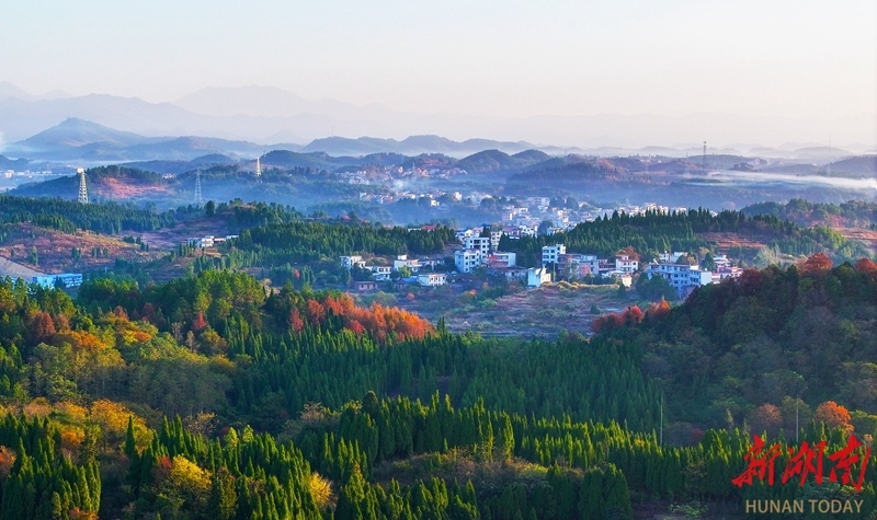 11月28日,新田县中山街道,错落有致的民居、色彩斑斓的山峦在晨光映照下相映成景,构成一幅美丽的乡村生态画卷。刘贵雄 摄(湖南图片库)