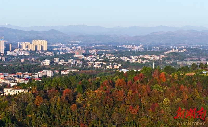 11月28日,新田县中山街道,错落有致的民居、色彩斑斓的山峦在晨光映照下相映成景,构成一幅美丽的乡村生态画卷。刘贵雄 摄(湖南图片库)