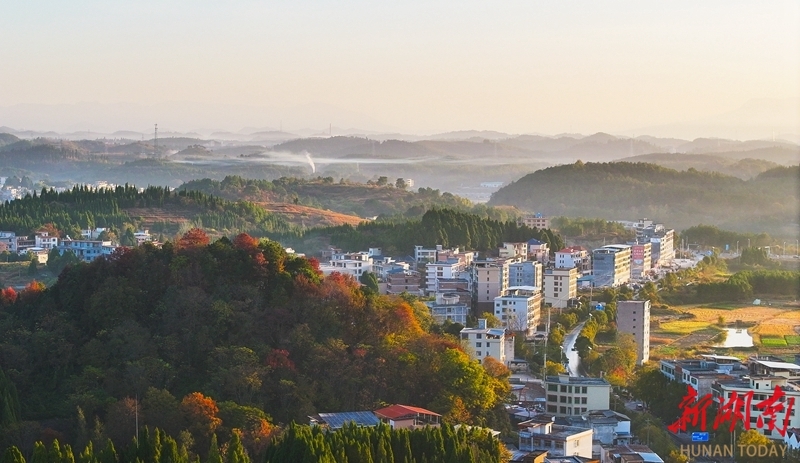 11月28日,新田县中山街道,错落有致的民居、色彩斑斓的山峦在晨光映照下相映成景,构成一幅美丽的乡村生态画卷。刘贵雄 摄(湖南图片库)