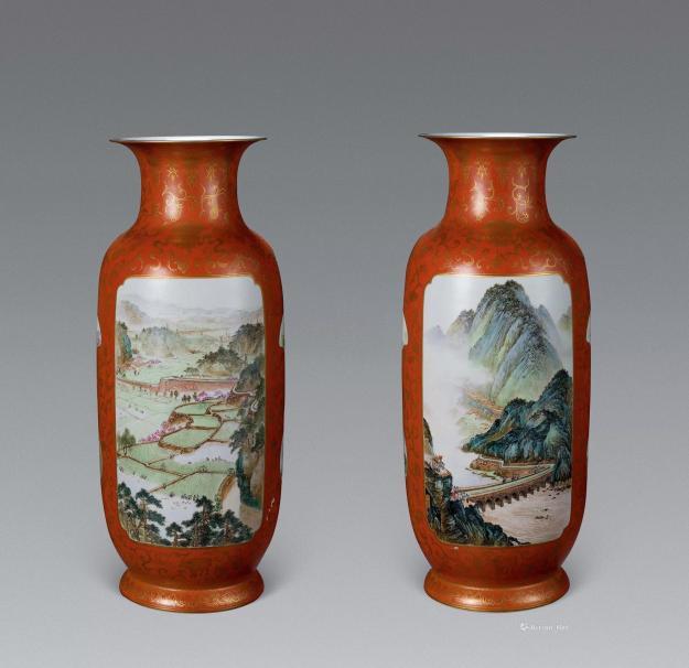 徐焕文开窗描金粉彩山水瓷瓶图