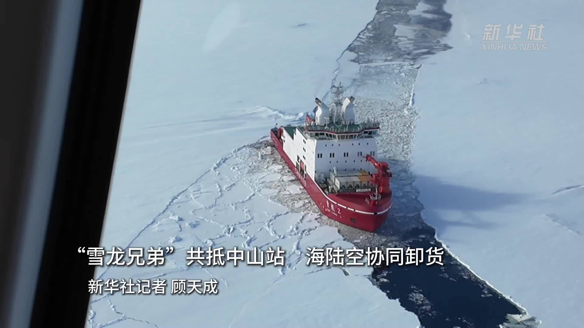 第42次南极考察｜“雪龙兄弟”共抵中山站　海陆空协同卸货