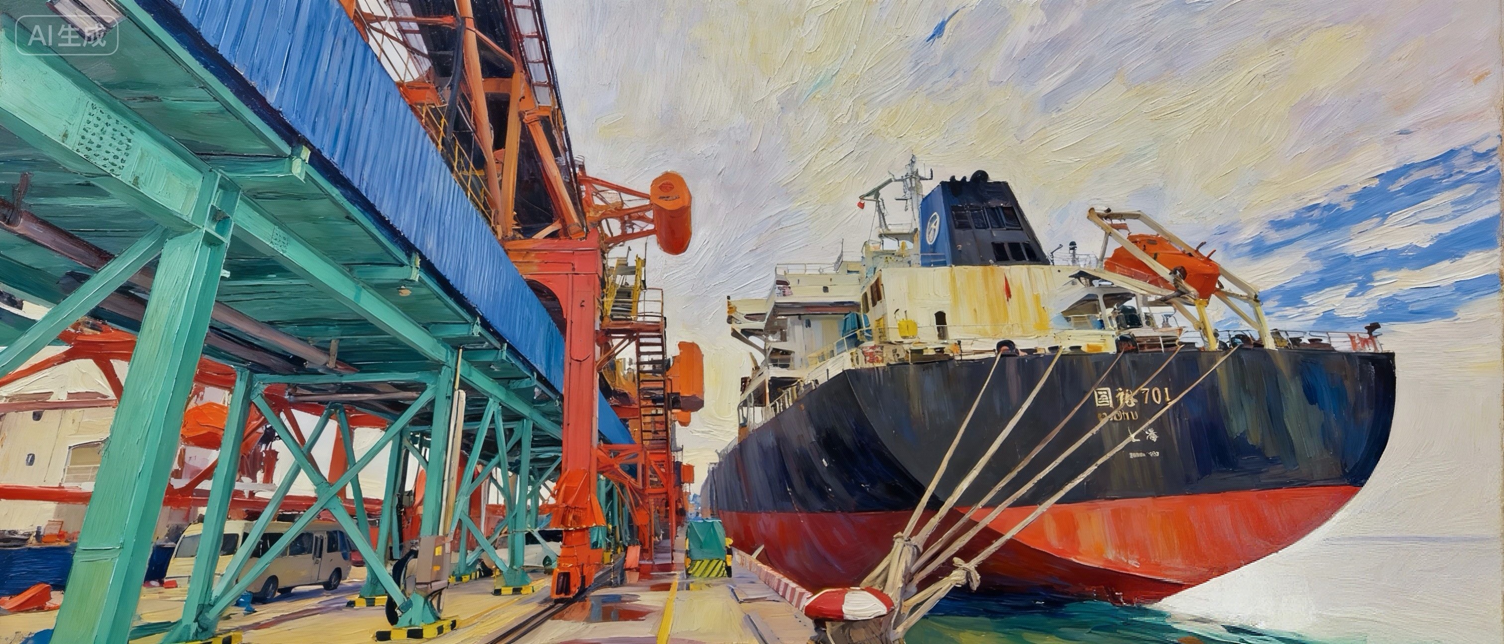 在黄骅港煤炭港区码头，货船进行煤炭装船作业。