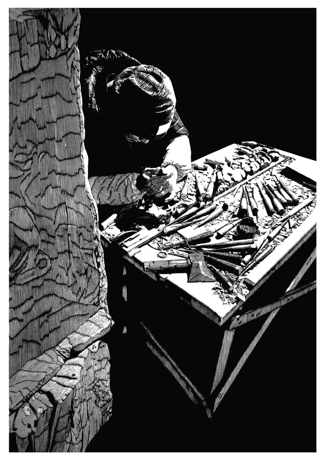 版画《暖阳下的街头工匠》