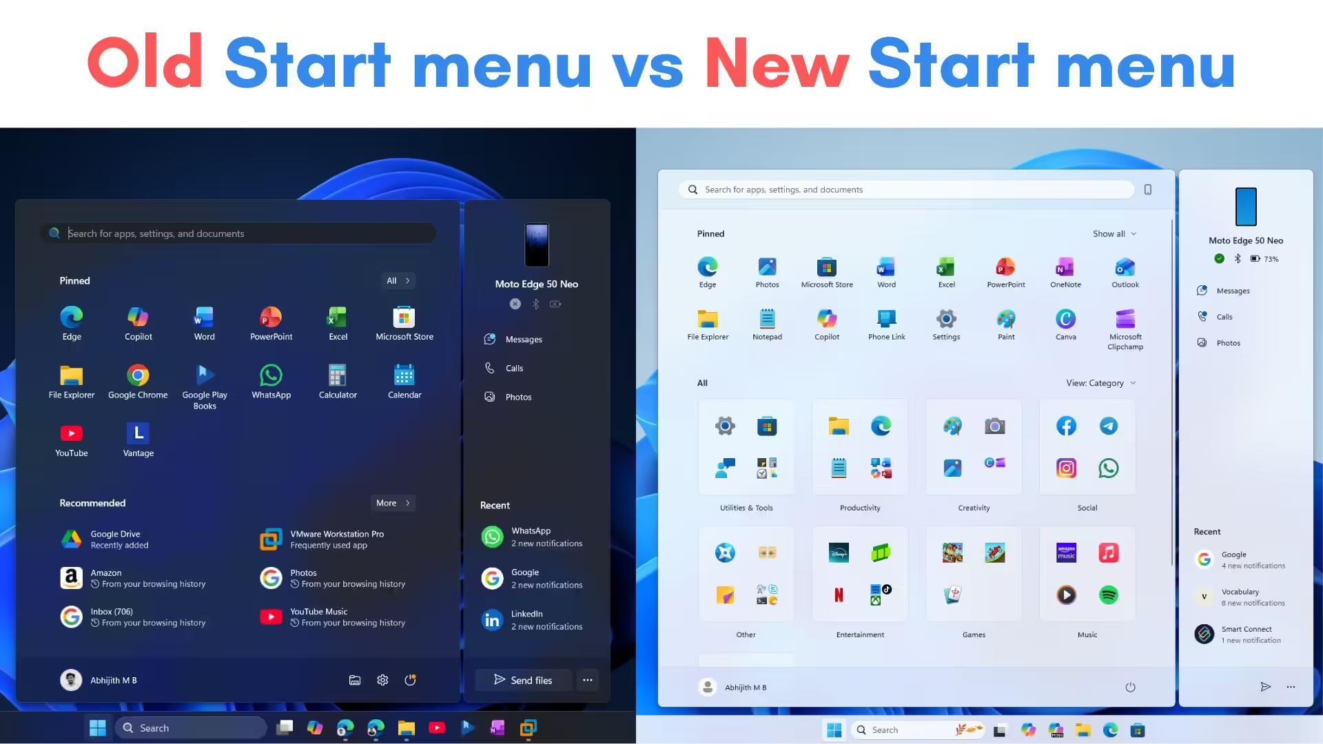 Old Start menu vs New Start menu in Windows 11