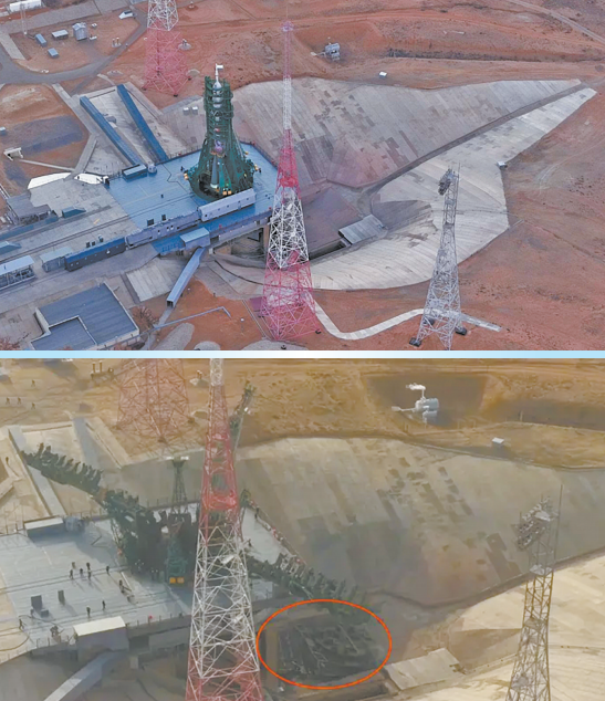 拜科努尔航天发射场31号发射台事故前后对比,红圈处为坍塌的服务平台。