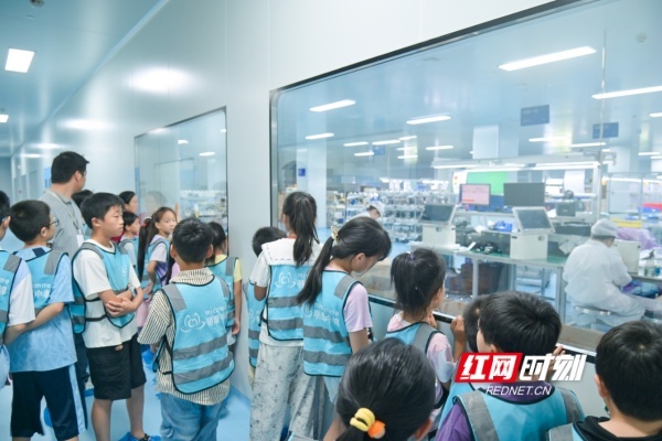 湖南湘江新区明康中锦托管班小朋友参观生产车间。