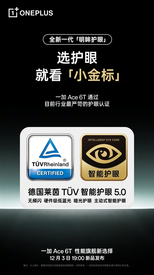 一加Ace 6T支持全新明眸护眼：通过了最严苛的护眼小金标认证