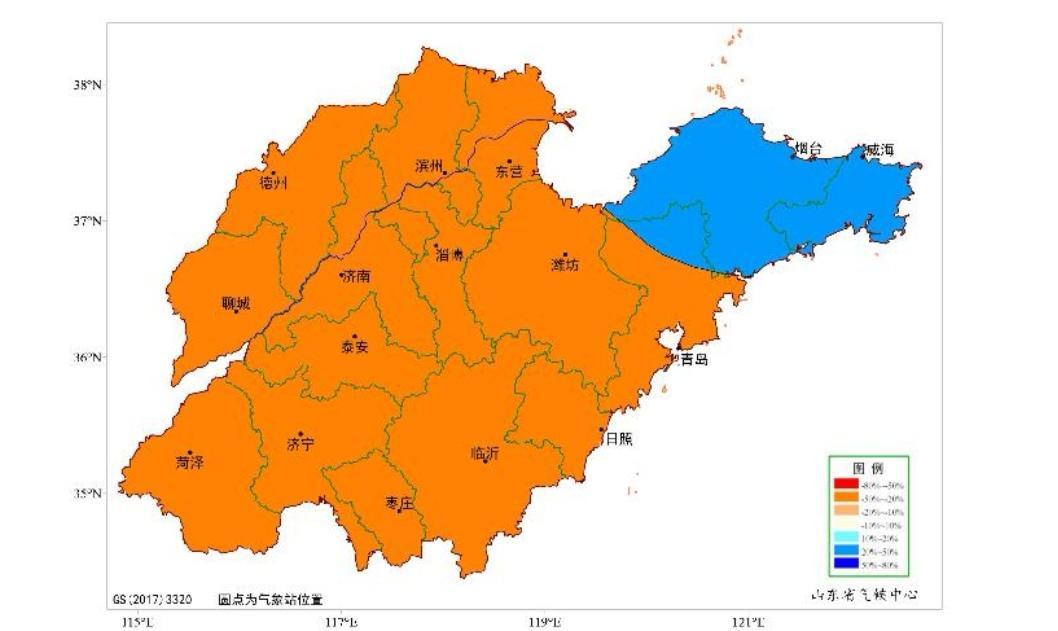12月山东降水量距平百分率预报图（%）