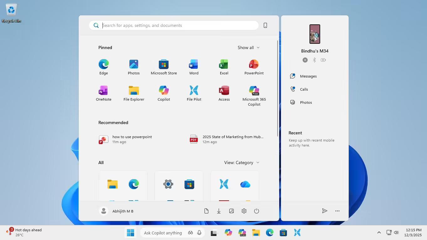 Start menu with 100% scale and 720p resolution display