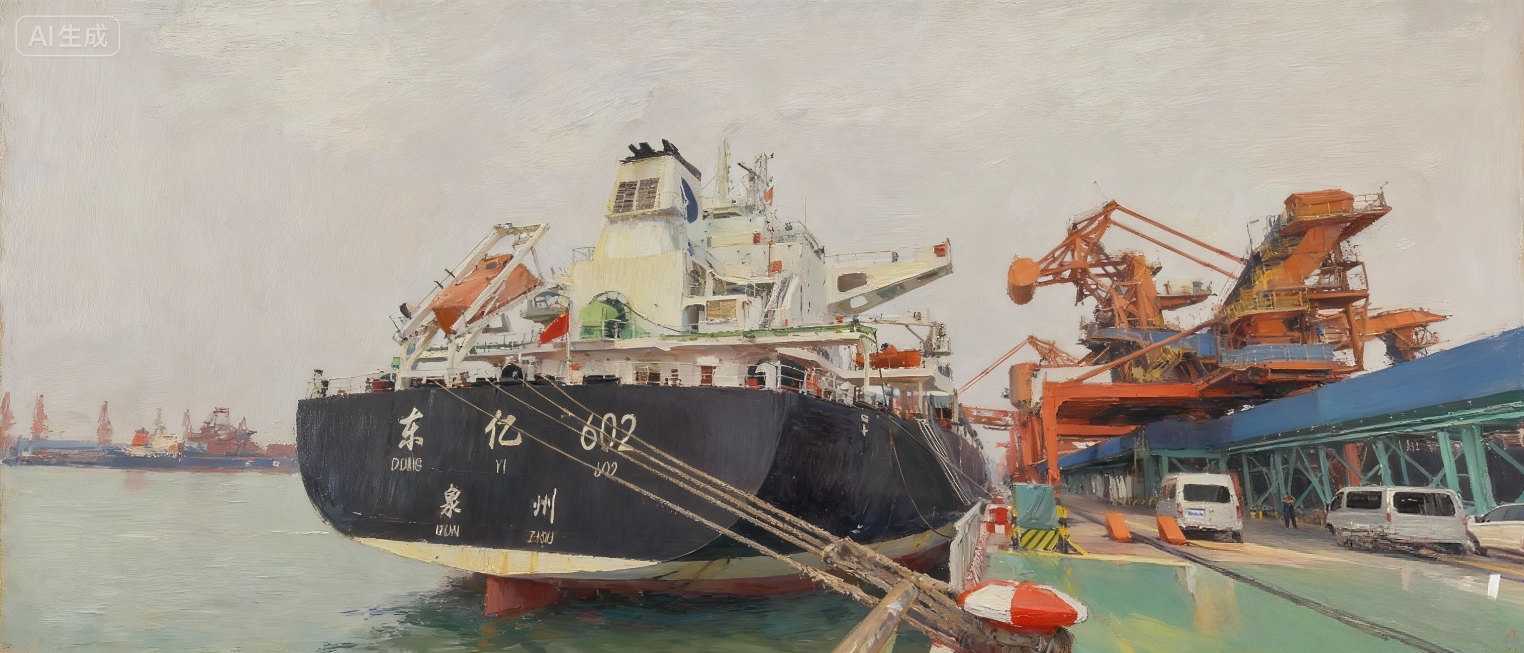 在黄骅港煤炭港区码头，货船进行煤炭装船作业。