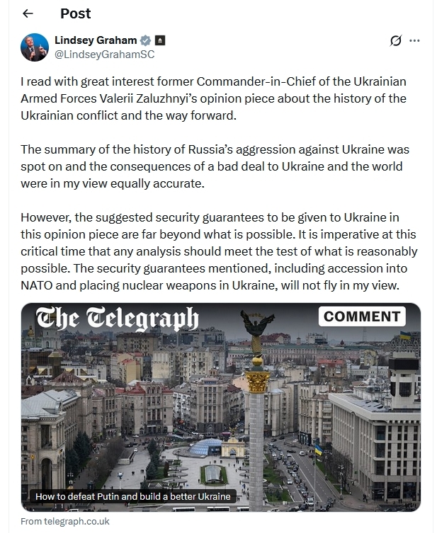 乌军前总司令要求安全保障包含在乌部署核武器，美议员回应