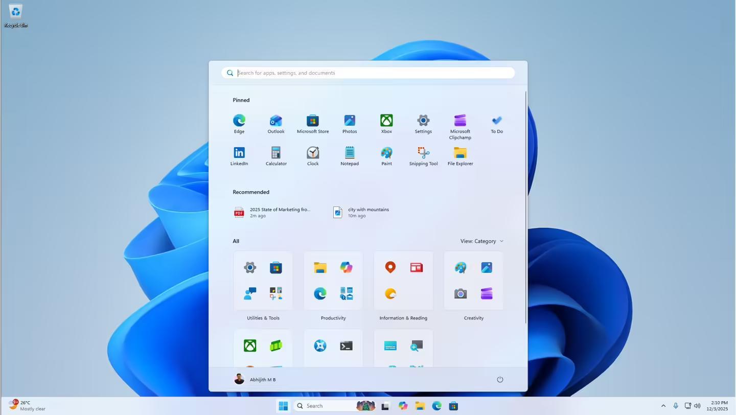 How Start screen looks with Scale set to 100% and resolution to 1920x1080