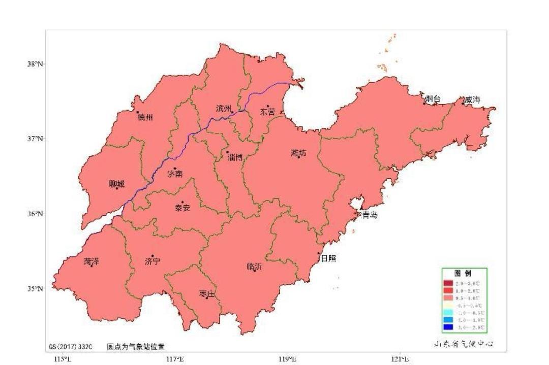 12月山东平均气温距平预报图（℃）