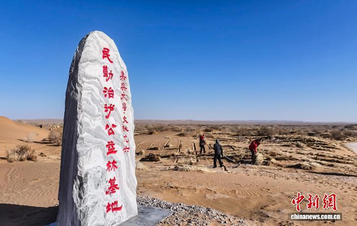 近日，浙江嘉兴大学校友牵头援建的甘肃省武威市民勤县防沙治沙基地顺利完成首阶段压沙固沙工程。任志英　摄