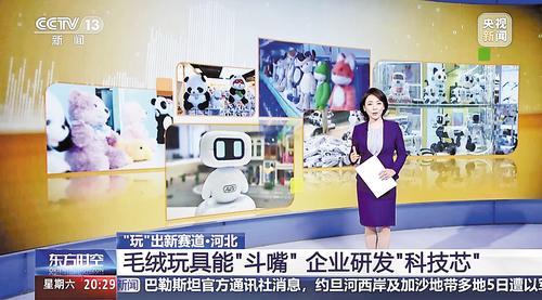 12月6日,央视新闻频道《“玩”出新赛道·河北|毛绒玩具能“斗嘴” 企业研发“科技芯”》报道截图。
