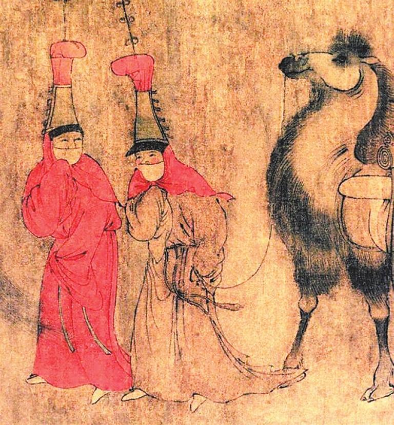 五代，胡環《番骑图》卷（局部），故宫博物院藏。这里说的面衣是将人脸全包裹，一般情况下，防风沙最主要是做好口鼻的防护。