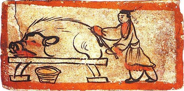 嘉峪关新城墓壁画砖《宰猪图》