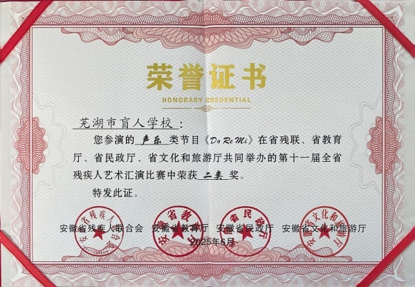 (图为芜湖盲校声乐节目《Do Re Mi》在第十一届全省残疾人艺术汇演中荣获二等奖荣誉证书)