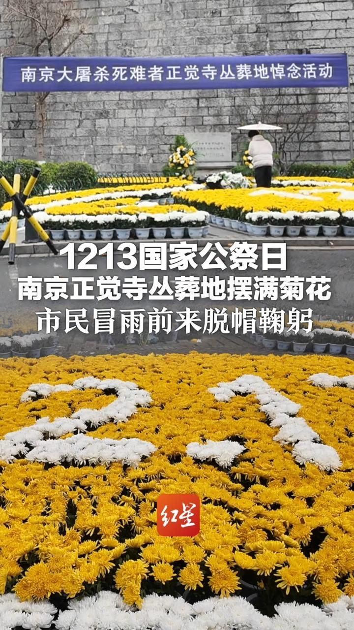 1213国家公祭日 南京多地举行悼念活动 正觉寺丛葬地摆满菊花寄哀思 市民冒雨前来脱帽鞠躬
