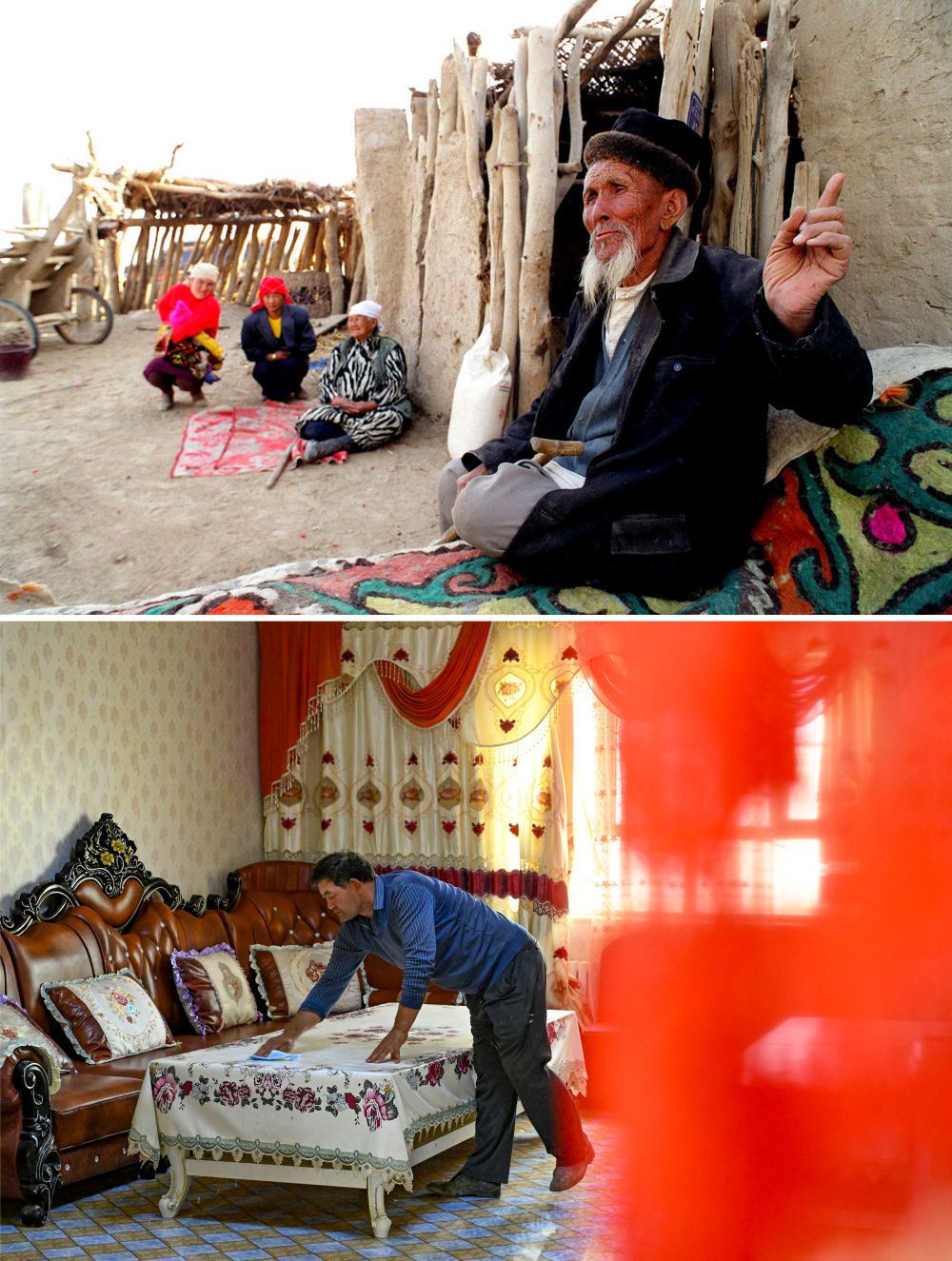 拼版照片：上图为1999年在新疆巴音郭楞蒙古自治州尉犁县喀尔曲尕乡拍摄的村民和他们居住的“土块房”；下图为2025年9月20日，新疆巴音郭楞蒙古自治州尉犁县喀尔曲尕乡村民艾尔肯&middot;哈斯木在家中。