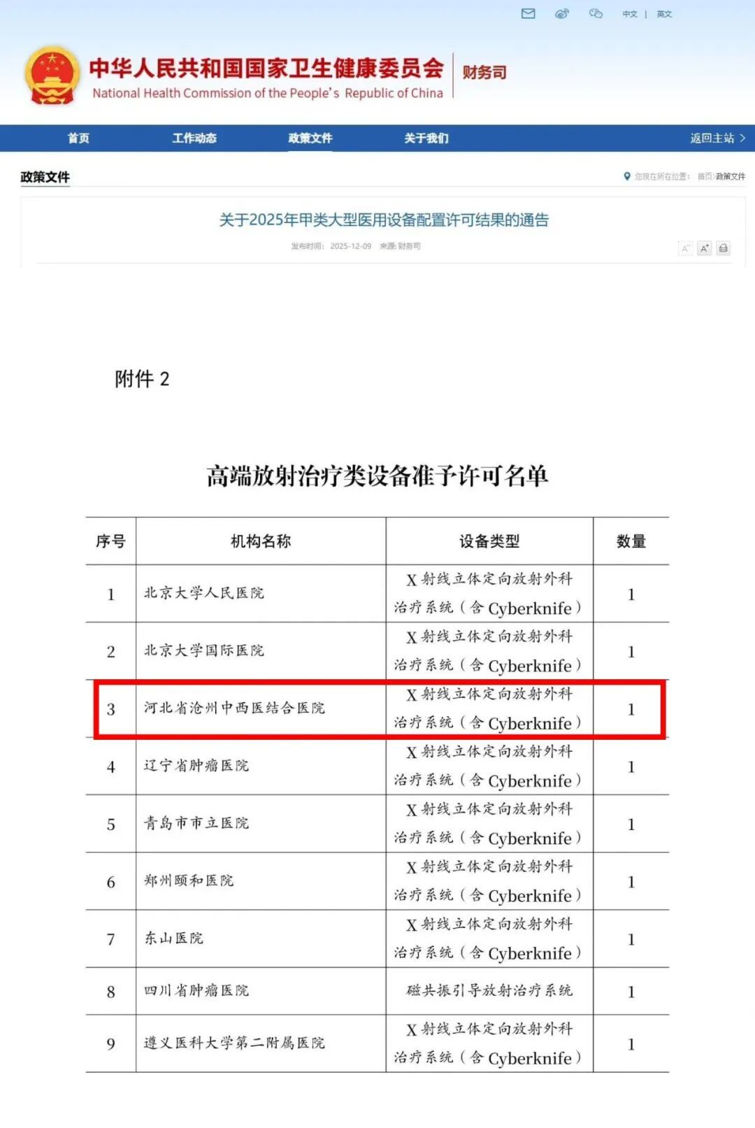 国家卫健委批准：甲类高端放疗射波刀项目落户沧州中西医结合医院
