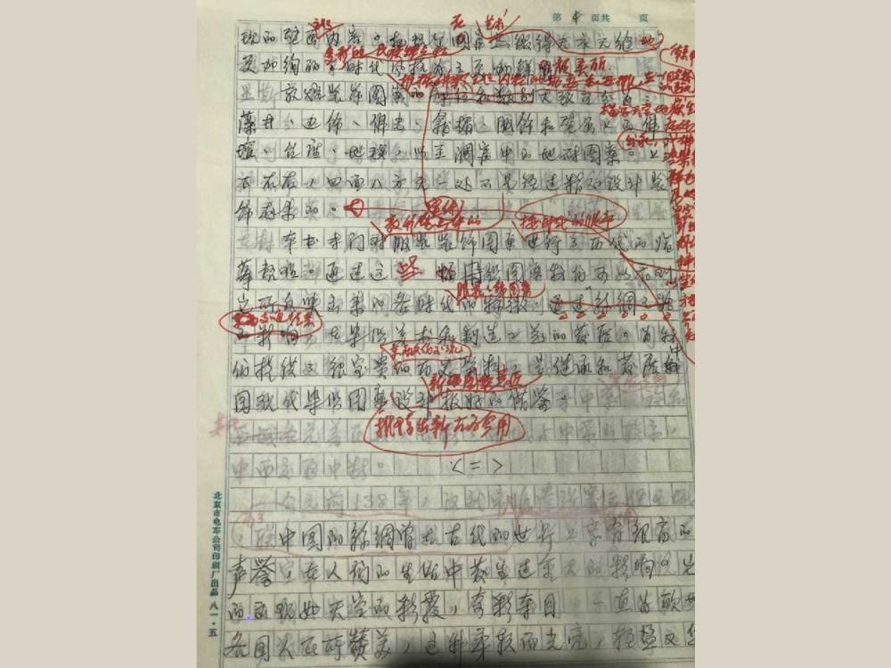 《敦煌历代服饰图案》手稿，红色笔记为常书鸿修改痕迹（资料照片）。新华社记者　张玉洁　摄