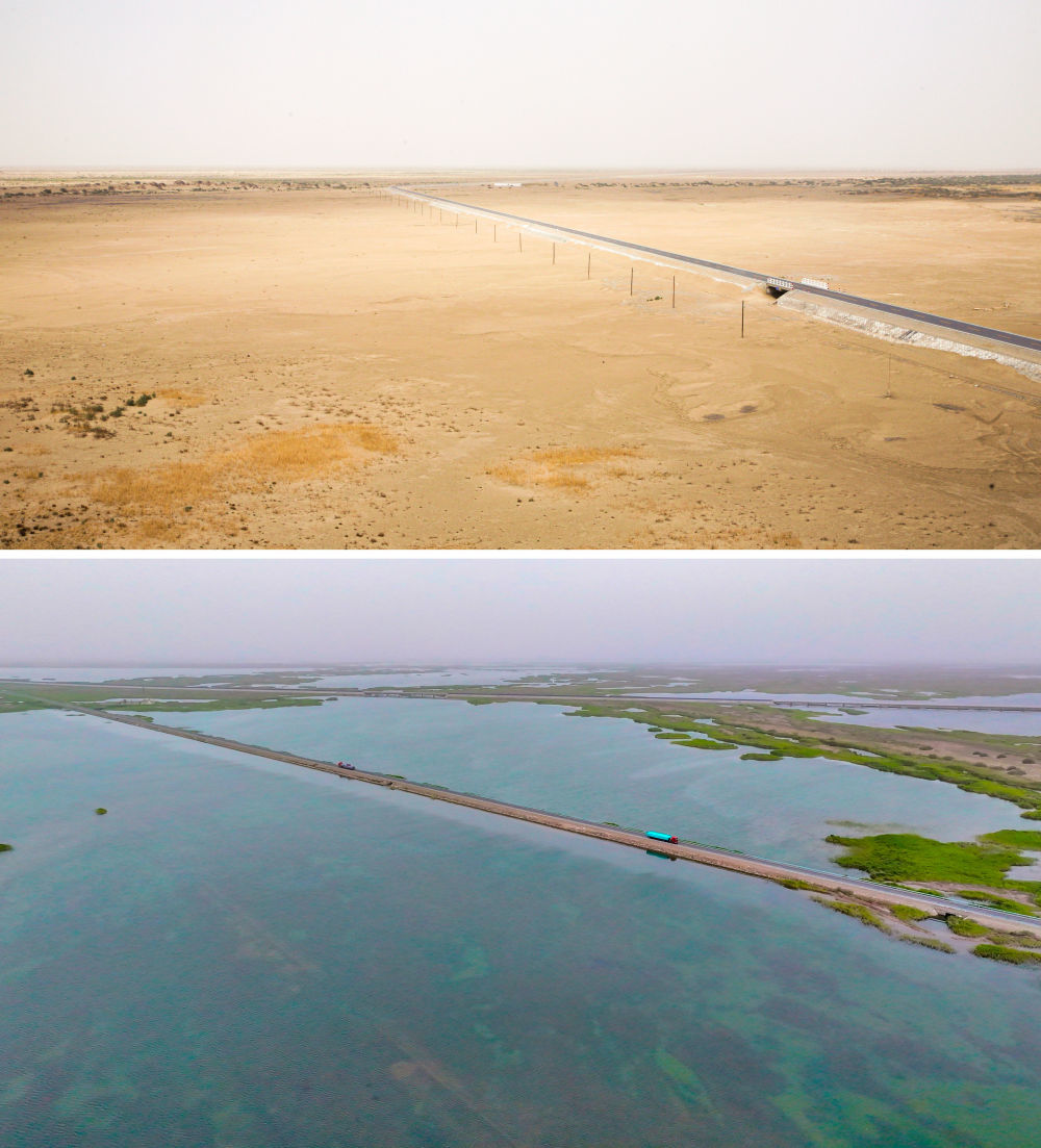 拼版照片：上图为2008年7月拍摄的干涸的台特玛湖（资料照片，塔里木河流域管理局供图）；下图为2025年7月拍摄的台特玛湖（无人机照片，苏波摄）。新华社发