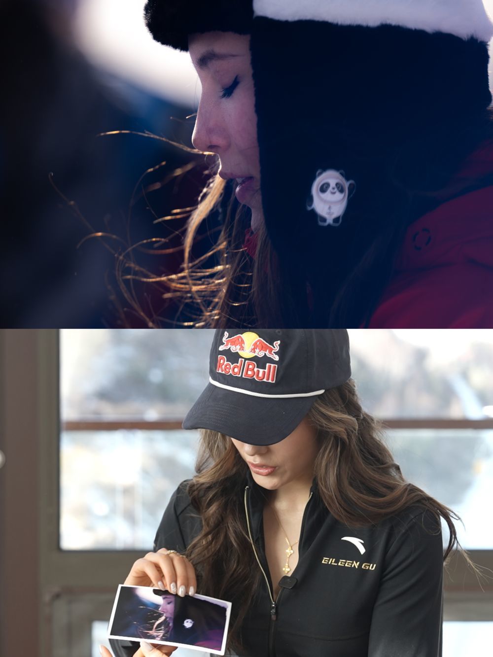 上图：2022年2月18日，谷爱凌在北京2022年冬奥会自由式滑雪女子U型场地技巧决赛夺得金牌之后。新华社记者　肖艺九　摄　下图：2025年12月6日，谷爱凌在接受新华社记者专访时谈论这张照片。新华社记者　卢星吉　摄