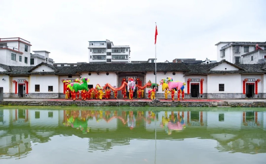 在营前镇龙宇围屋前开展的九狮拜象 钟芳亿摄