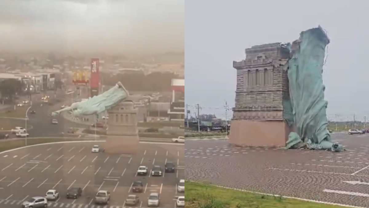 巴西一座自由女神像复制品雕塑在强风中被刮倒。图源:外媒